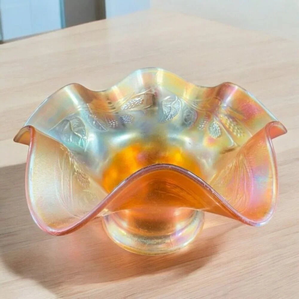 Antique Fenton Carnival Glass Blackberry‎ Spray Iridescent Ruffled Hat Bowl Dish